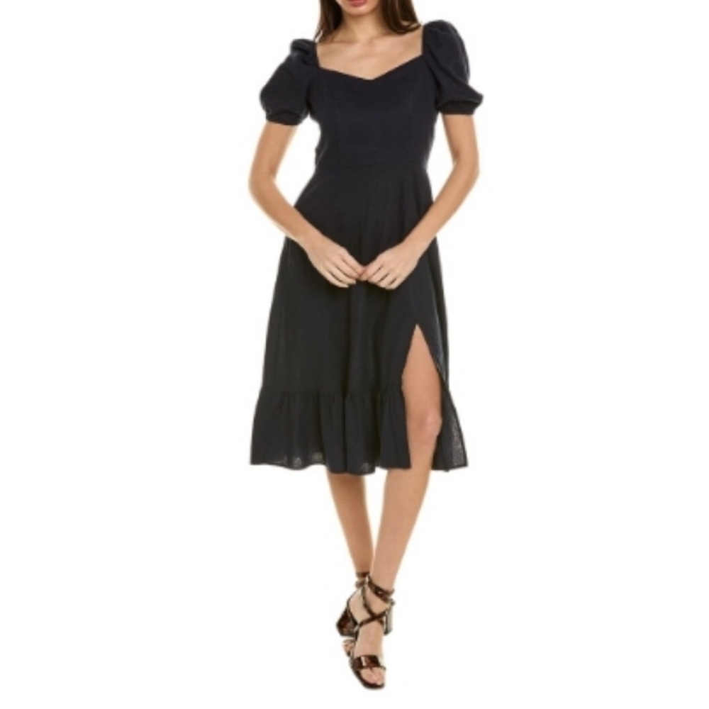 Ellen Tracy Navy Midi Dress with Puff Sleeves